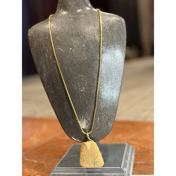 VINTAGE GOLD SNAKE CHAIN TULIP CLOISONNE ENAMEL FLOWER PENDANT 24" NECKLACE EUC - Picture 4 of 11